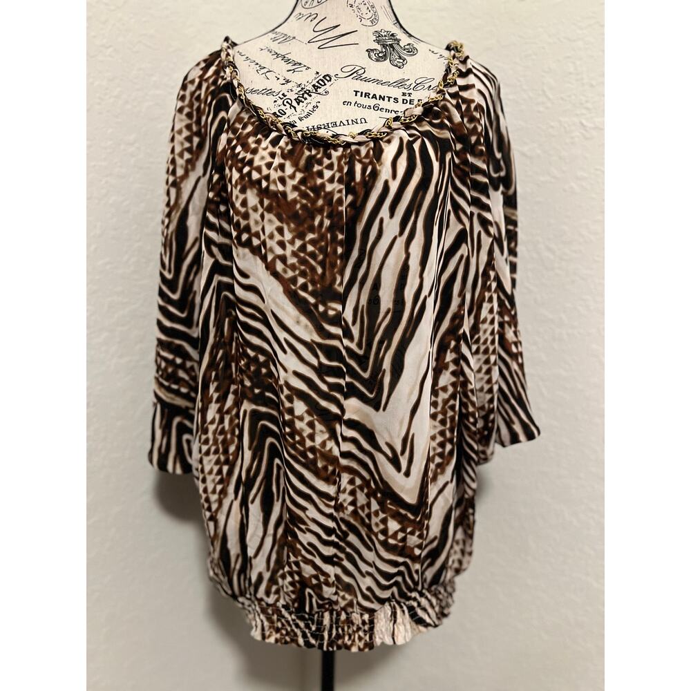 Worthington Women’s Animal Print Blouse Size 2X Metallic Chain Neckline Chiffon